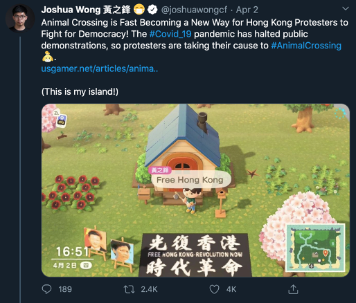 Screenshot from Animal Crossing, showing a character with a Free Hong Kong banner in their yard.